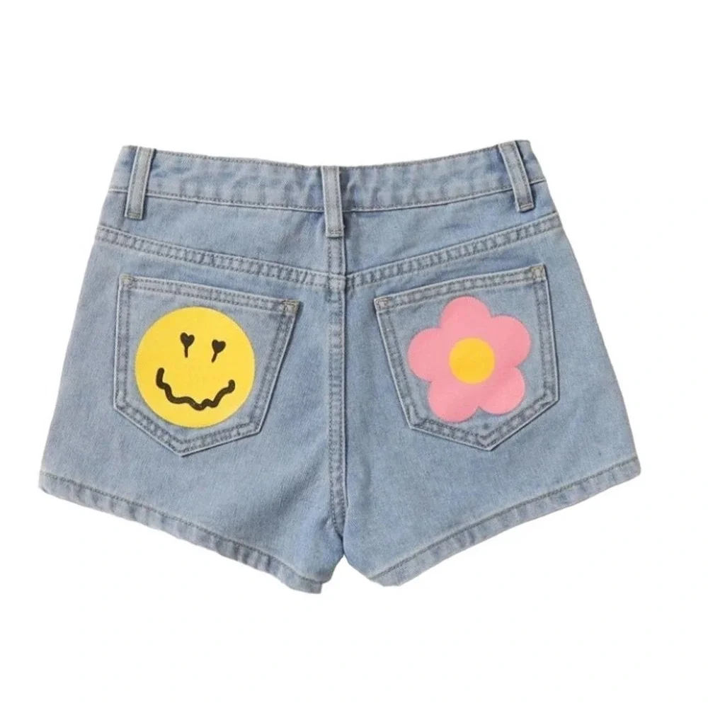 Shein Girls Floral and Cartoon Face Print Denim Shorts - 11-12Y